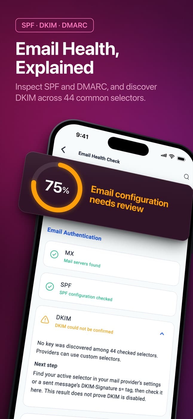DNS Kit email health score with SPF, DKIM and DMARC results