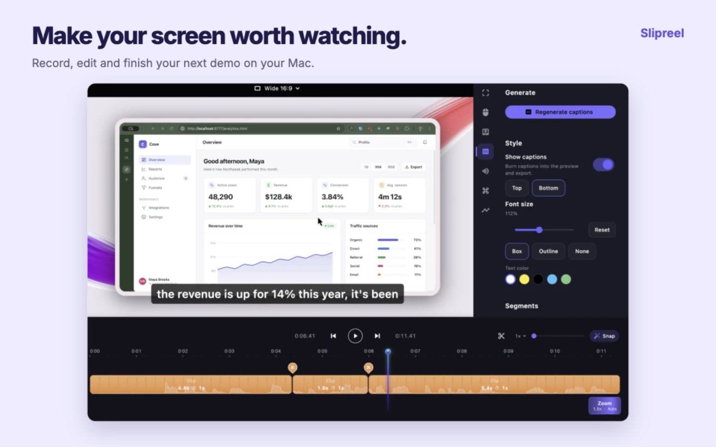 Slipreel editor with a zoomed screen recording, caption overlay and timeline