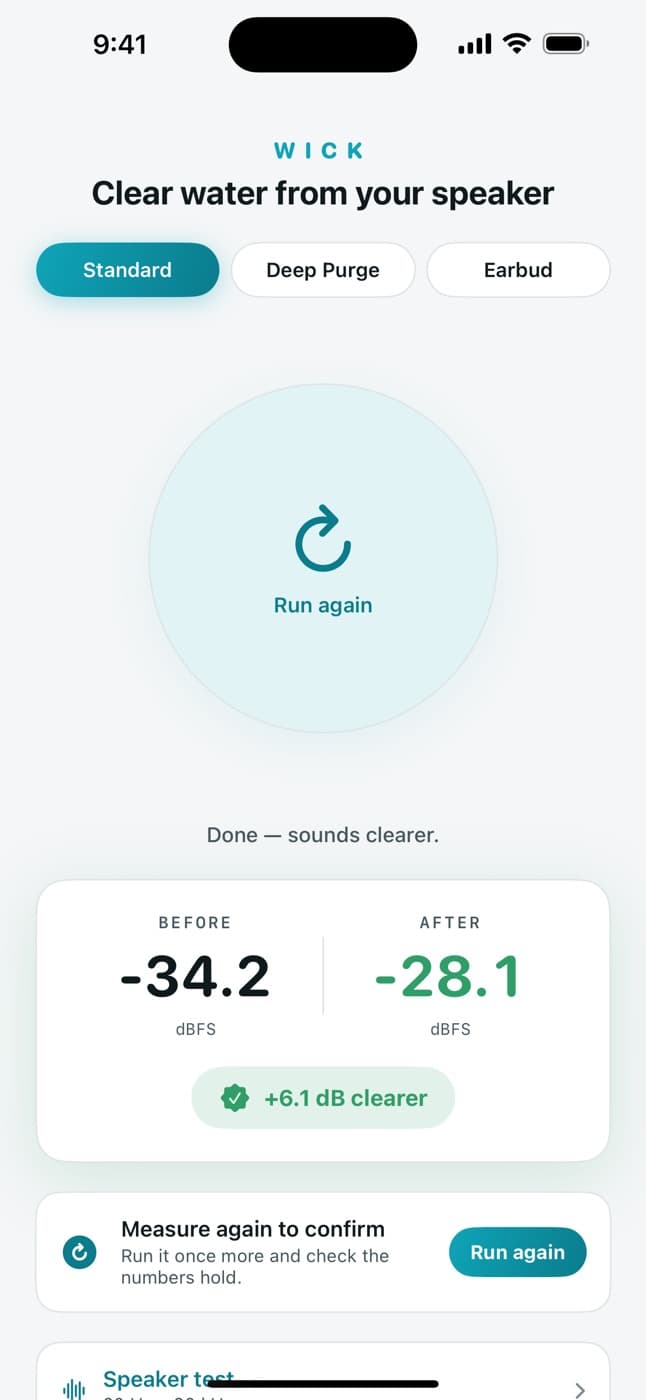 Wick before and after sound measurement in decibels